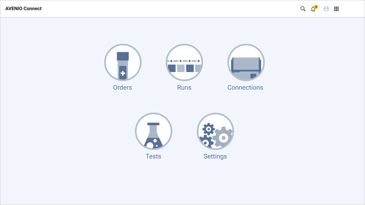 The technician's home base with clear access to Orders, Runs, Connections, Tests, and Settings